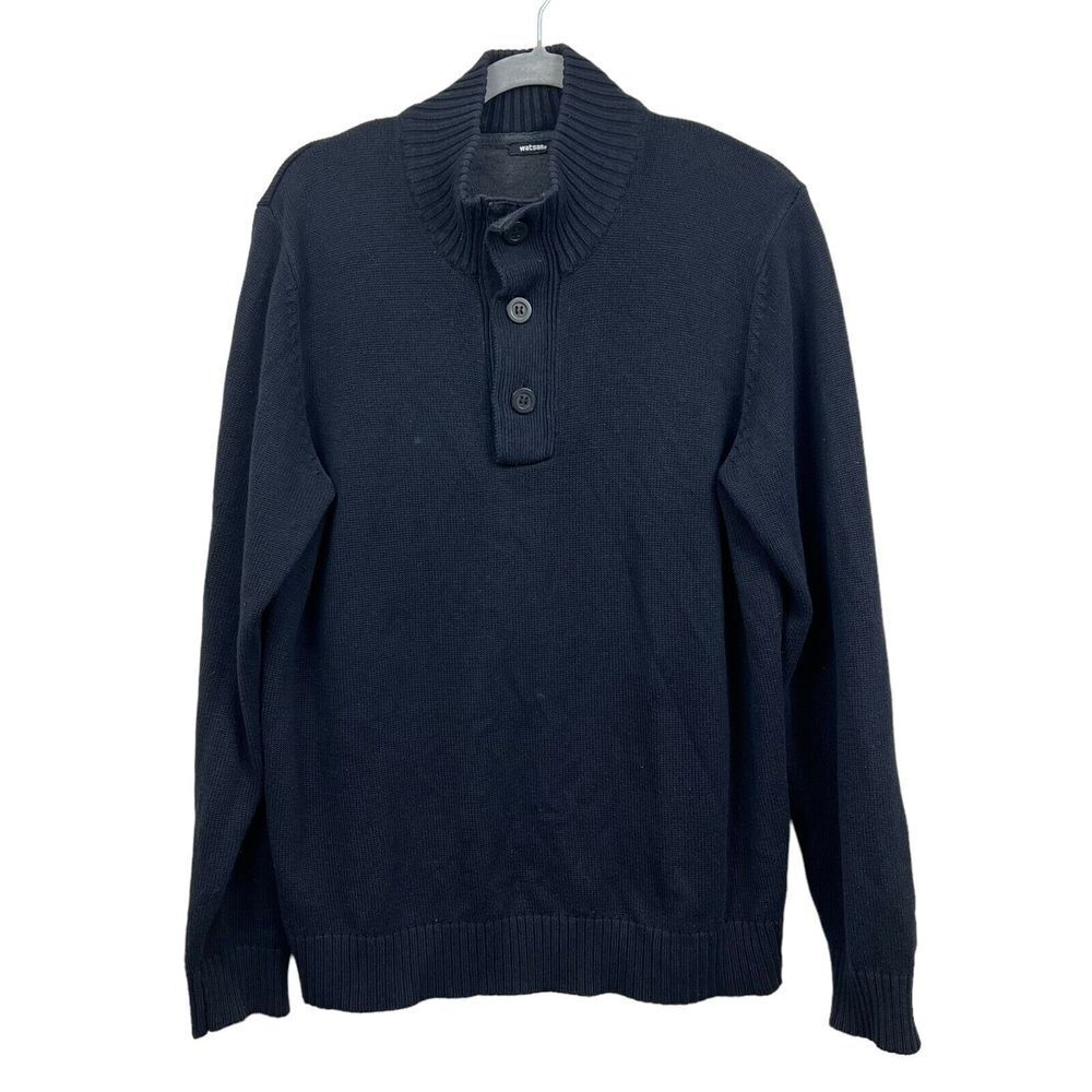 Watsons Mens Knit Sweater Mock Collar 3 Button Ribbed Hem Black Size L*